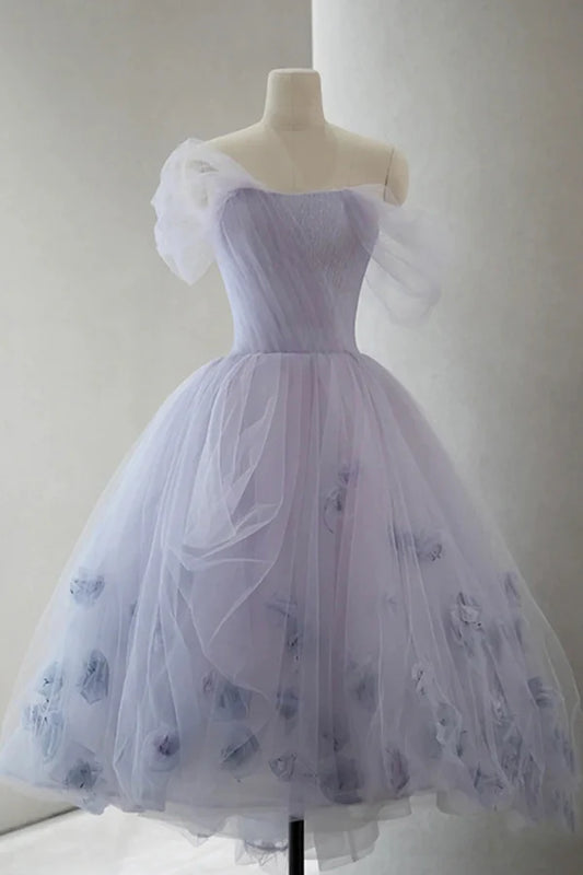 Purple Tulle Short A-Line Prom Dress Cute Off the Shoulder Party Dress