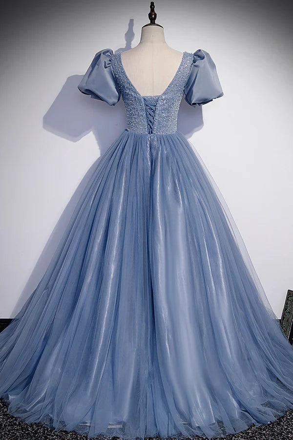 Blue Scoop Tulle Long Prom Dress A-Line Short Sleeve Formal Dress