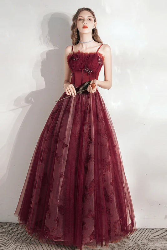 Burgundy Spaghetti Strap Tulle Long Prom Dress Lovely A-Line Prom Dress