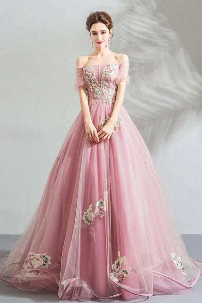 Pink Lace Long A-Line Prom Dress Off the Shoulder Evening Party Dress