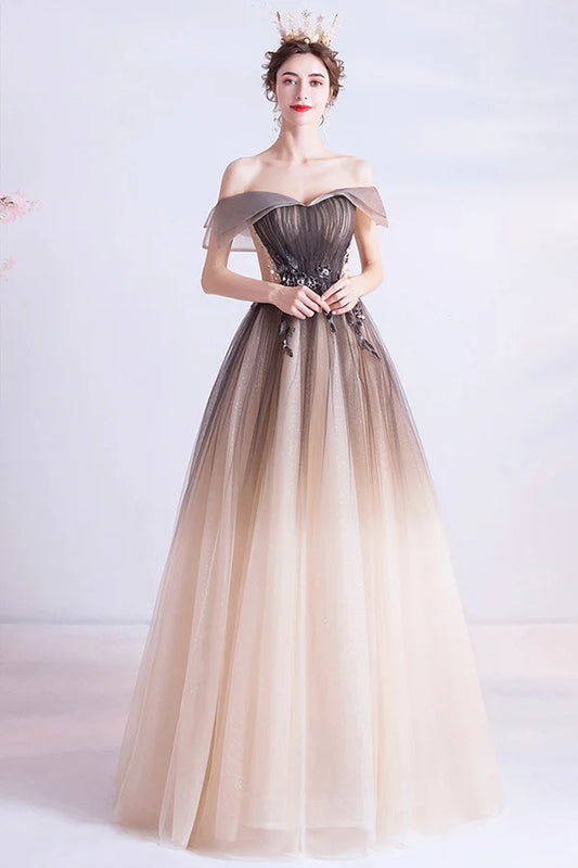 A-Line Gradient Tulle Long Prom Dress Off the Shoulder Evening Dress