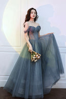 Gray Blue Tulle Long Prom Dress A-Line Off the Shoulder Evening Dress