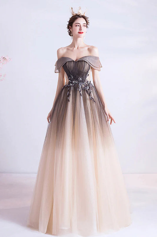 A-Line Gradient Tulle Long Prom Dress Off the Shoulder Evening Dress