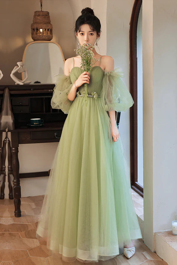 Green Spaghetti Straps Tulle Party Dress Green Sweetheart Long Prom Dress