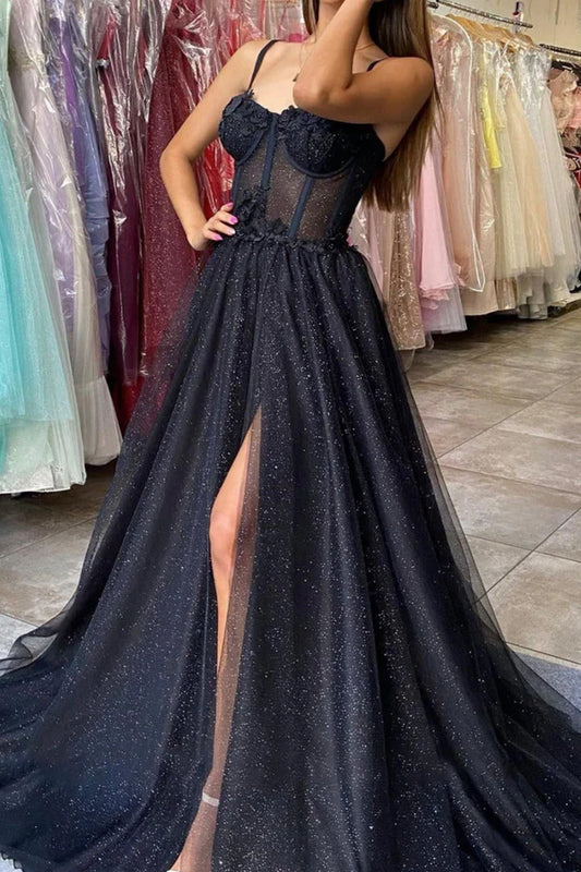 Black Tulle Lace Long Prom Dress Black Spaghetti Straps Graduation Dress