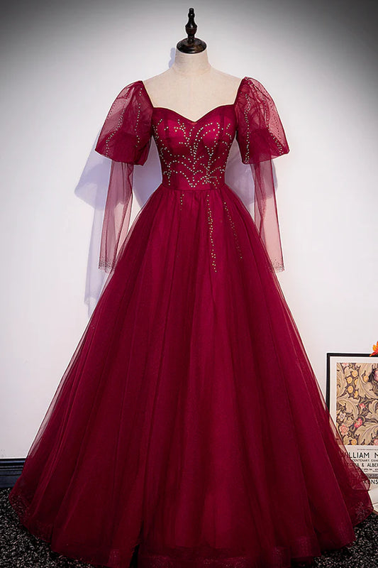 Burgundy Tulle Beaded Long Sleeve Prom Dress A-Line Evening Graduation Dress