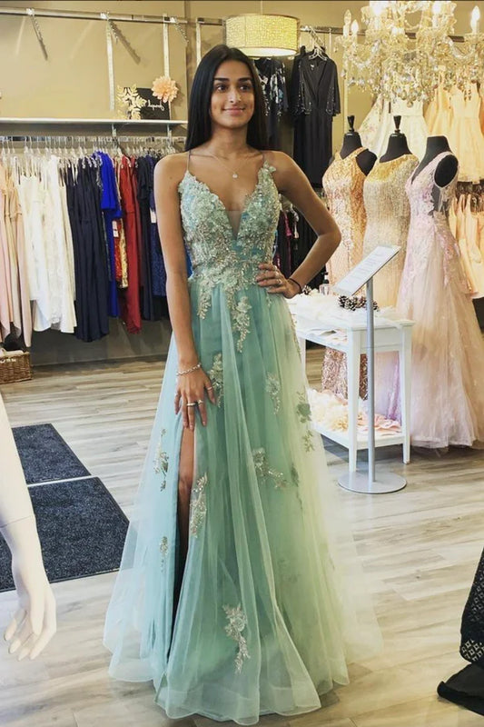 Green V-Neck Tulle Lace Long Prom Dress A-Line Evening Dress