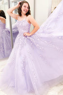 Purple Lace Long A-Line Prom Dress Purple Spaghetti Strap Graduation Dress