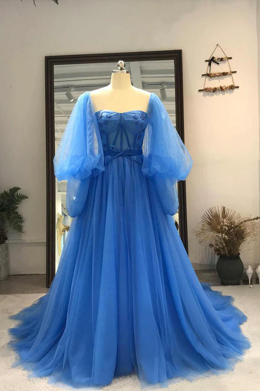 Blue Tulle Long Sleeve Prom Dress A-Line Tulle Formal Evening Dress