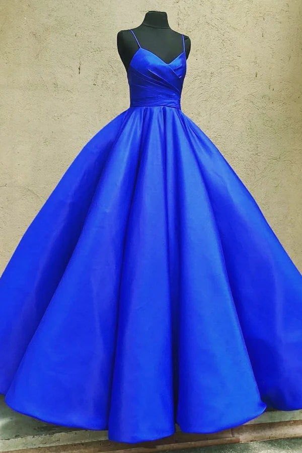 Blue Spaghetti Satin Long Formal Dress A-Line Evening Party Gown