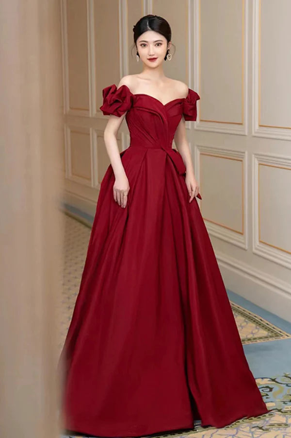 Burgundy Satin Long A-Line Prom Dress Off the Shoulder Graduation Dress