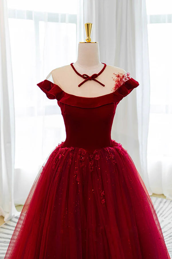 Burgundy Velvet Long A-Line Prom Dress Burgundy Formal Evening Dress