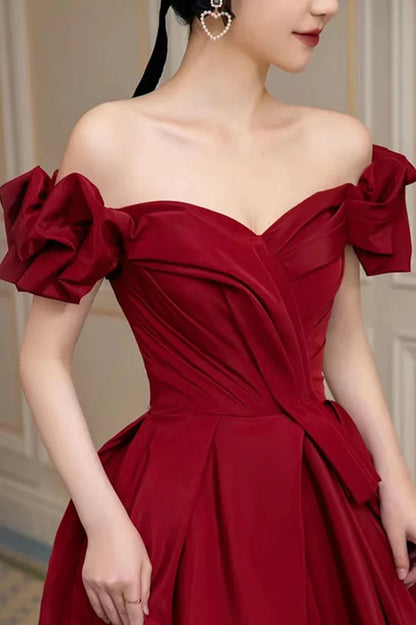 Burgundy Satin Long A-Line Prom Dress Off the Shoulder Graduation Dress