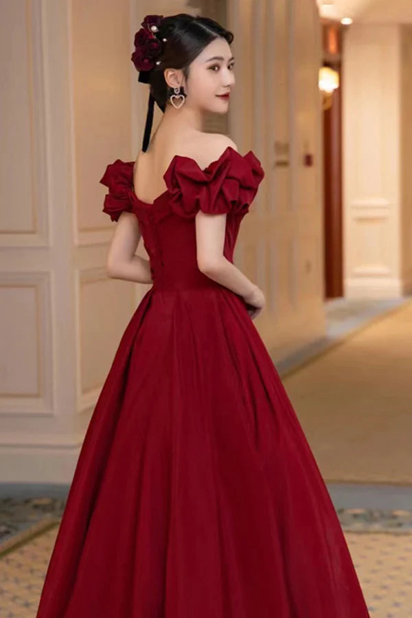 Burgundy Satin Long A-Line Prom Dress Off the Shoulder Graduation Dress