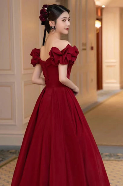 Burgundy Satin Long A-Line Prom Dress Off the Shoulder Graduation Dress