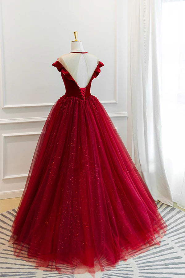 Burgundy Velvet Long A-Line Prom Dress Burgundy Formal Evening Dress