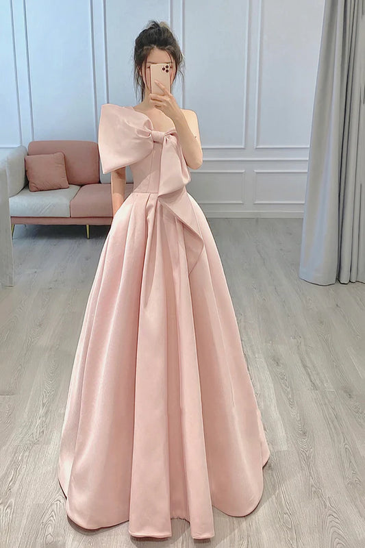 Pink Satin Long A-Line Prom Dress with Bow One Shoulder Evening Party Dress