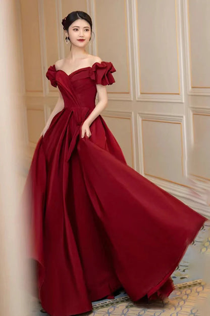 Burgundy Satin Long A-Line Prom Dress Off the Shoulder Graduation Dress