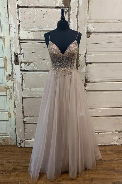 A-Line Tulle Beaded Long Prom Dress Cute V-Neck Evening Party Dress