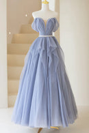 Blue Tulle Long A-Line Prom Dress Cute Strapless Graduation Dress