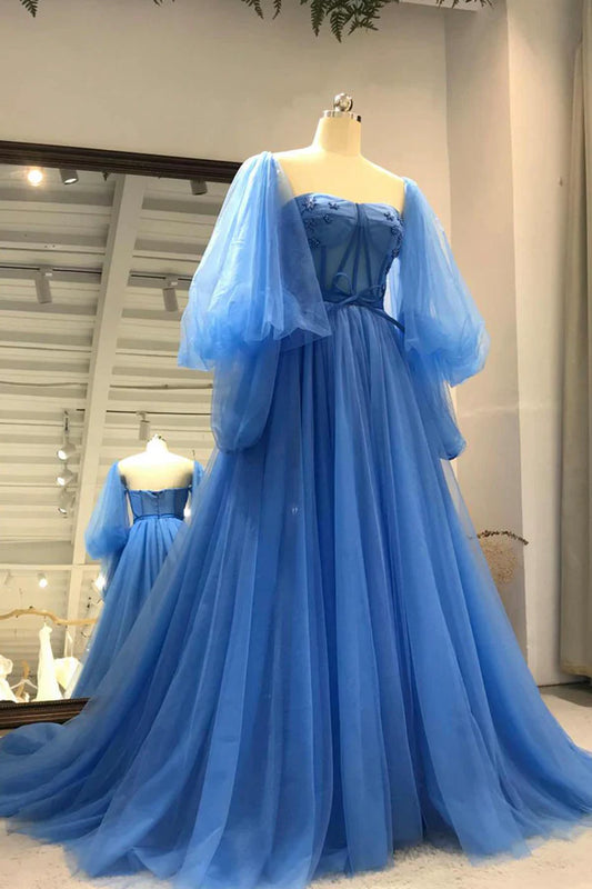 Blue Tulle Long Sleeve Prom Dress A-Line Tulle Formal Evening Dress