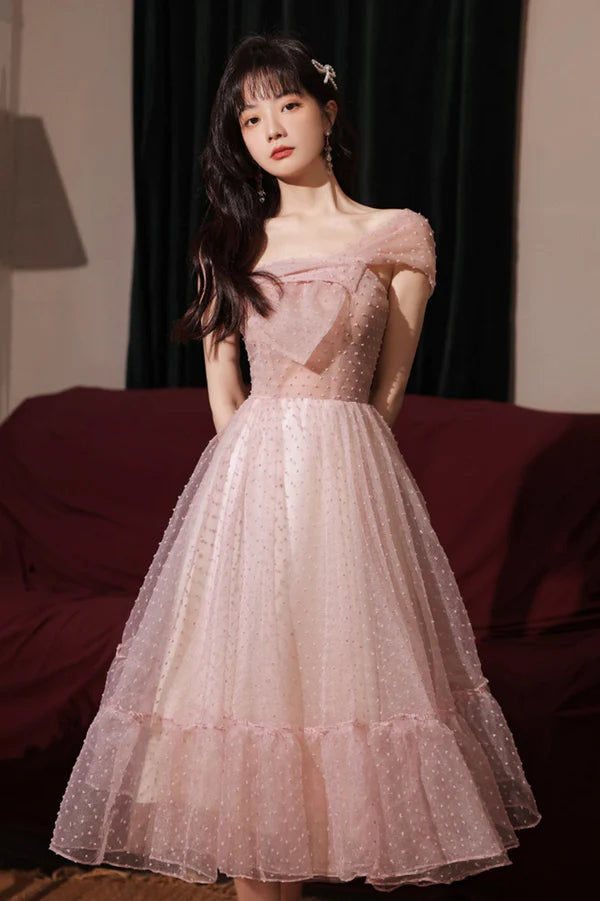 Pink Tulle Short A-Line Prom Dress One Shoulder Homecoming Party Dress