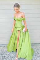 Green Satin Long A-Line Prom Dress Off the Shoulder Evening Formal Dress