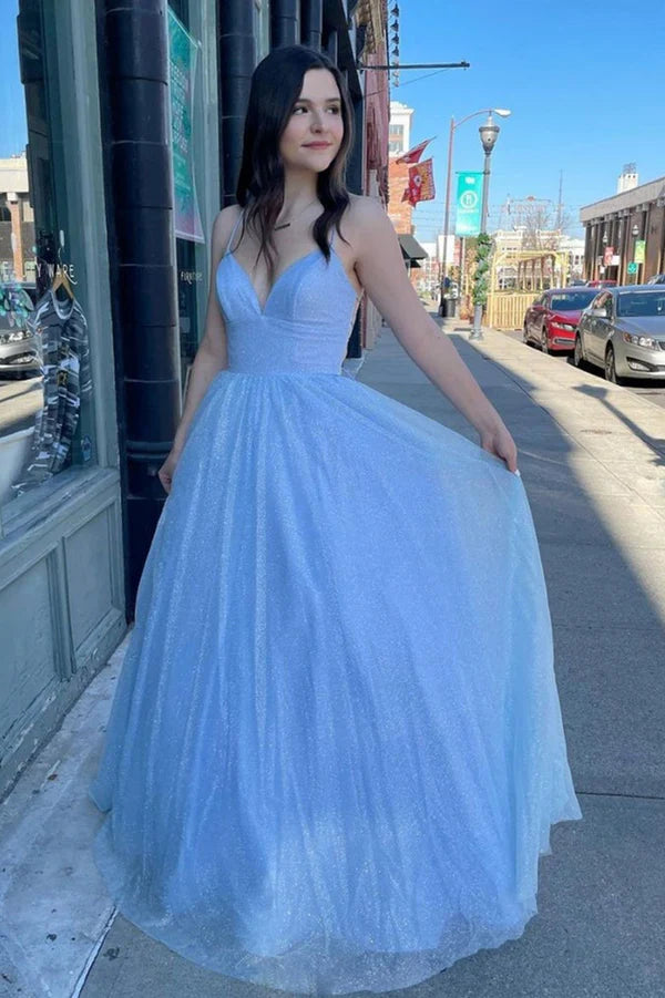 Blue Tulle Long A-Line Backless Prom Dress Cute V-Neck Backless Evening Dress