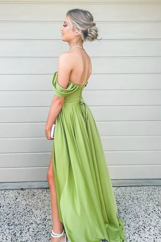 Green Satin Long A-Line Prom Dress Off the Shoulder Evening Formal Dress