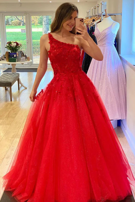 Red Lace One Shoulder Prom Dress A-Line Red Evening Party Dress