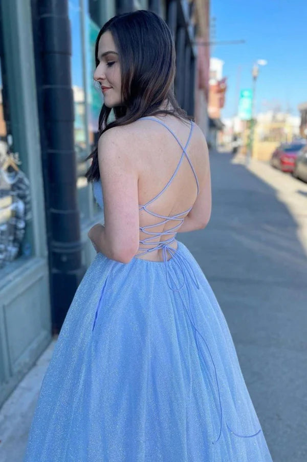 Blue Tulle Long A-Line Backless Prom Dress Cute V-Neck Backless Evening Dress