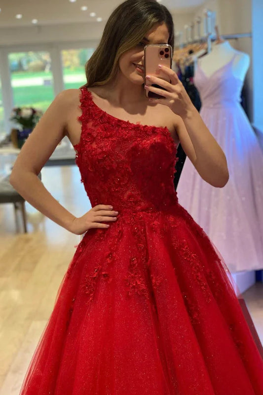 Red Lace One Shoulder Prom Dress A-Line Red Evening Party Dress