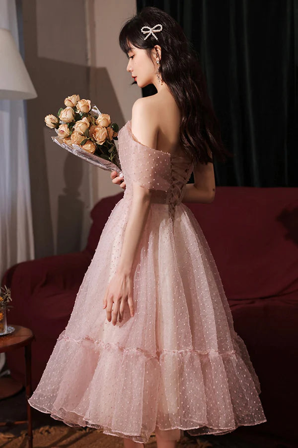 Pink Tulle Short A-Line Prom Dress One Shoulder Homecoming Party Dress