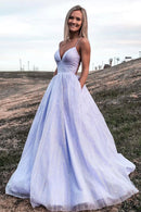 Purple V-Neck Tulle Long Prom Dress A-Line Lovely Evening Dress