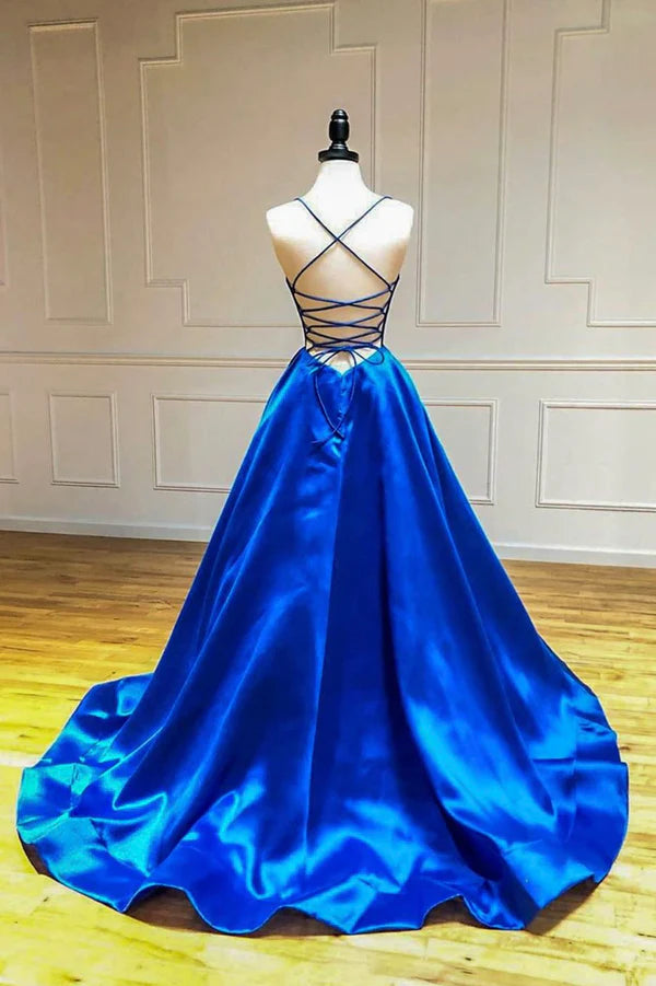 Blue V-Neck Satin Long Evening Dress A-Line Backless Prom Dress