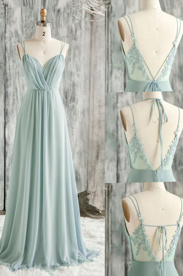 A-Line Chiffon Lace Long Prom Dress Green Spaghetti Strap Backless Evening Dress