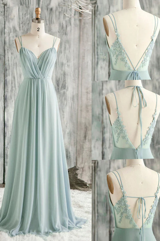 A-Line Chiffon Lace Long Prom Dress Green Spaghetti Strap Backless Evening Dress