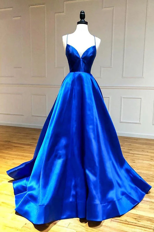 Blue V-Neck Satin Long Evening Dress A-Line Backless Prom Dress