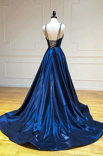 Simple Satin Long A-Line Prom Dress Blue Spaghetti Strap Evening Party Dress