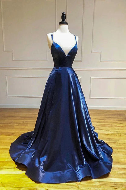 Simple Satin Long A-Line Prom Dress Blue Spaghetti Strap Evening Party Dress