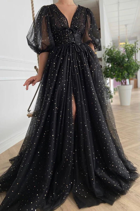 Black Tulle Long A-line Prom Dress Black V-Neck Evening Dress