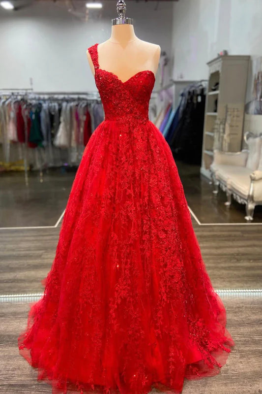 Red Lace Long A-Line Prom Dress One Shoulder Evening Dress