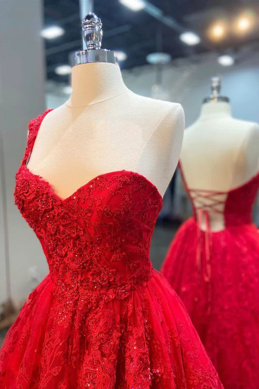 Red Lace Long A-Line Prom Dress One Shoulder Evening Dress