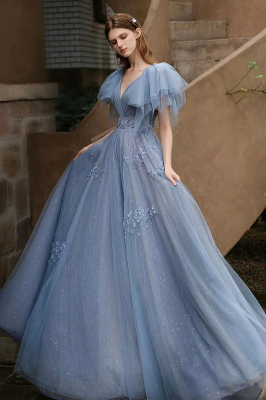 Blue Tulle Long A-Line Prom Dress Cute V-Neck Evening Party Dress