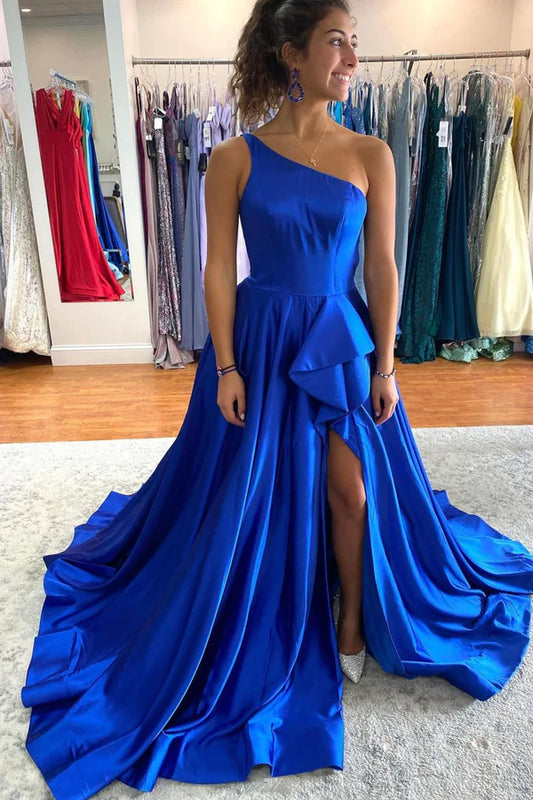 Blue Satin One Shoulder Prom Dress Blue A-Line Evening Dress with Slit