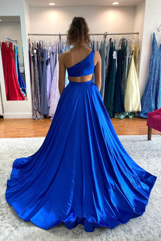 Blue Satin One Shoulder Prom Dress Blue A-Line Evening Dress with Slit