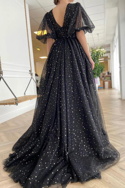 Black Tulle Long A-line Prom Dress Black V-Neck Evening Dress