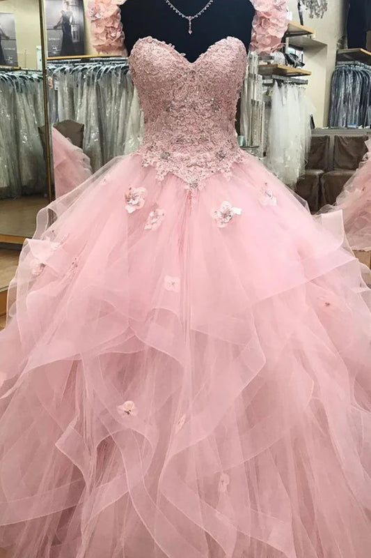 Pink Tulle Lace Long Ball Gown A-Line Strapless Evening Dress Sweet 16 Dress