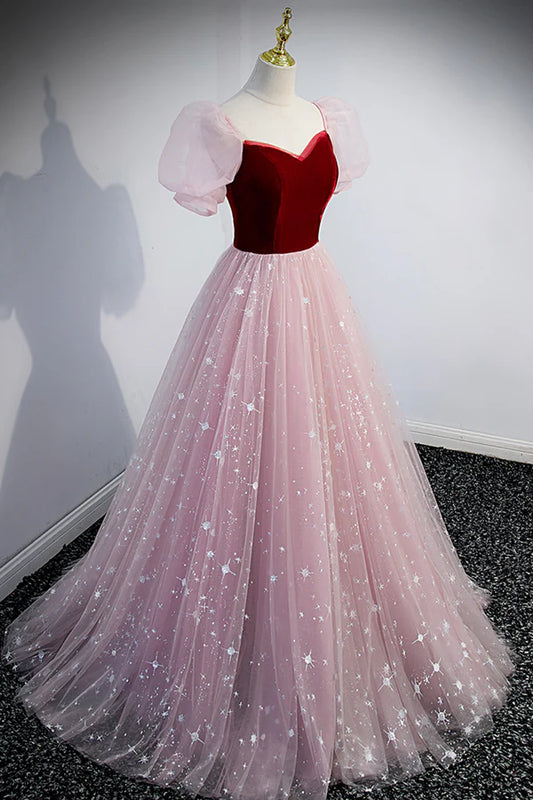 Pink Tulle Long A-Line Prom Dress Lovely Short Sleeve Evening Party Dress