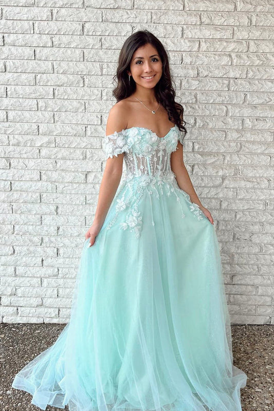 Green Tulle Long A-Line Prom Dress with Lace Green Off the Shoulder Evening Dress